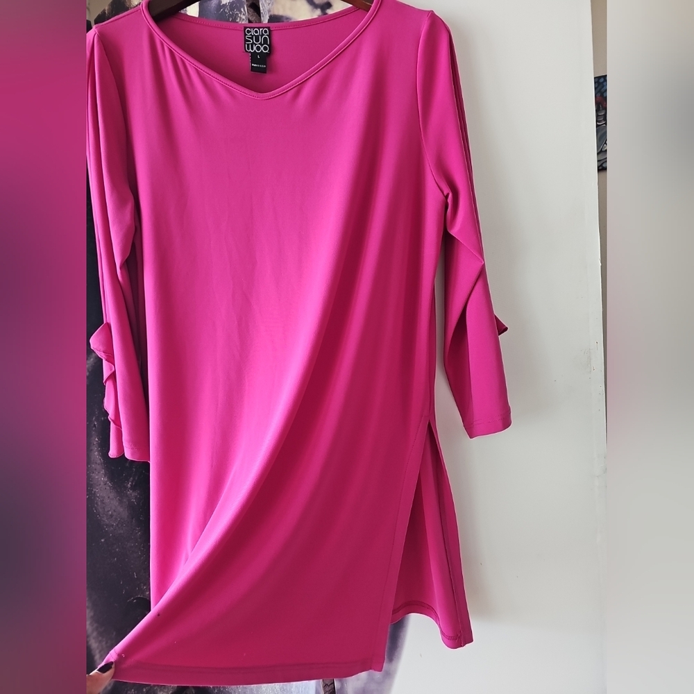 Clara Sun Woo Women's‎ Pink Scoop Neck Side Slit Ruffle Trim Sleeve Top Size L - Picture 7 of 9